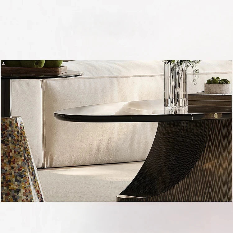 オシャレな石製センターテーブル 強化ガラス天板 モダンリビング用 効果的な収納機能付き fjd-4706