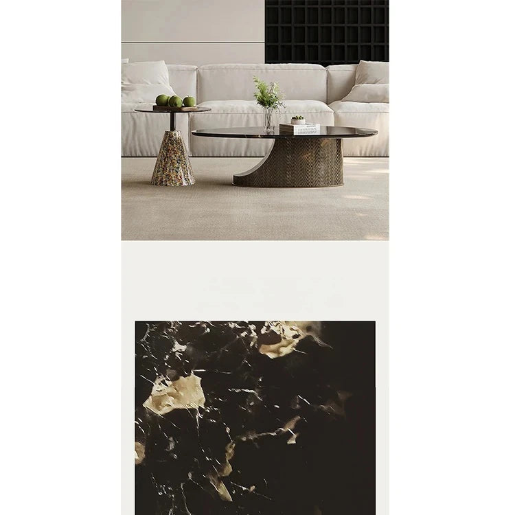 オシャレな石製センターテーブル 強化ガラス天板 モダンリビング用 効果的な収納機能付き fjd-4706