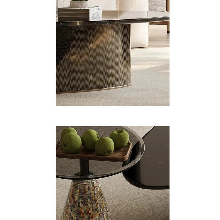 オシャレな石製センターテーブル 強化ガラス天板 モダンリビング用 効果的な収納機能付き fjd-4706