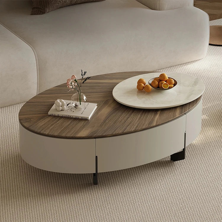 モダンデザインの大理石・パイン・ステンレス製センターテーブル|リビングルームにぴったりのオーバル型コーヒーテーブル fjd-4710
