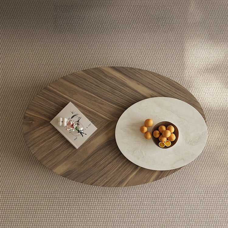 モダンデザインの大理石・パイン・ステンレス製センターテーブル|リビングルームにぴったりのオーバル型コーヒーテーブル fjd-4710