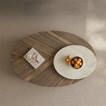 モダンデザインの大理石・パイン・ステンレス製センターテーブル|リビングルームにぴったりのオーバル型コーヒーテーブル fjd-4710