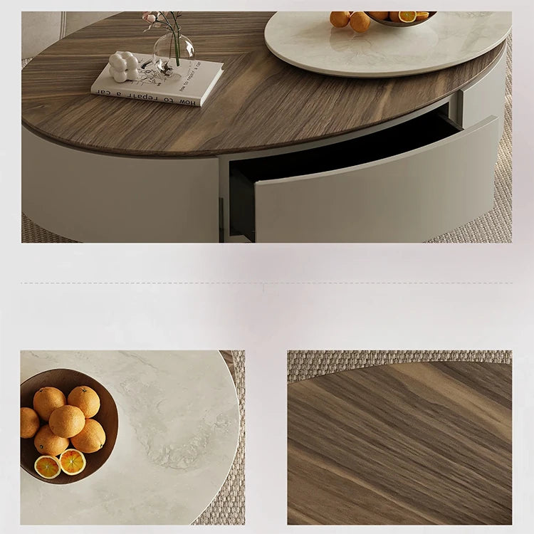 モダンデザインの大理石・パイン・ステンレス製センターテーブル|リビングルームにぴったりのオーバル型コーヒーテーブル fjd-4710