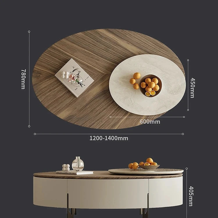 モダンデザインの大理石・パイン・ステンレス製センターテーブル|リビングルームにぴったりのオーバル型コーヒーテーブル fjd-4710