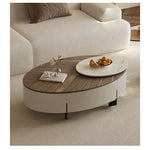 モダンデザインの大理石・パイン・ステンレス製センターテーブル|リビングルームにぴったりのオーバル型コーヒーテーブル fjd-4710