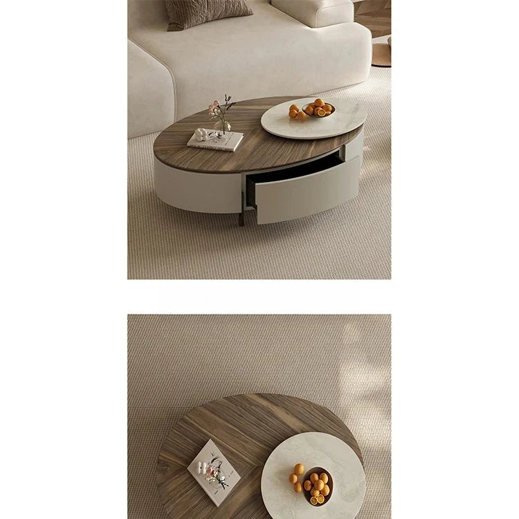 モダンデザインの大理石・パイン・ステンレス製センターテーブル|リビングルームにぴったりのオーバル型コーヒーテーブル fjd-4710