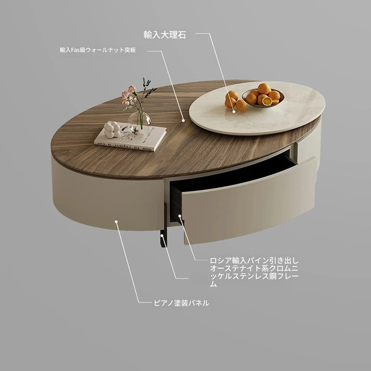 モダンデザインの大理石・パイン・ステンレス製センターテーブル|リビングルームにぴったりのオーバル型コーヒーテーブル fjd-4710