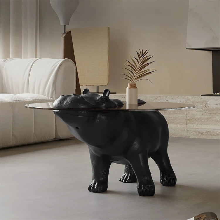 ユニークなデザインの強化ガラス製センターテーブル - ヒップポタマスモチーフでインテリアに個性をプラス! fjd-4712