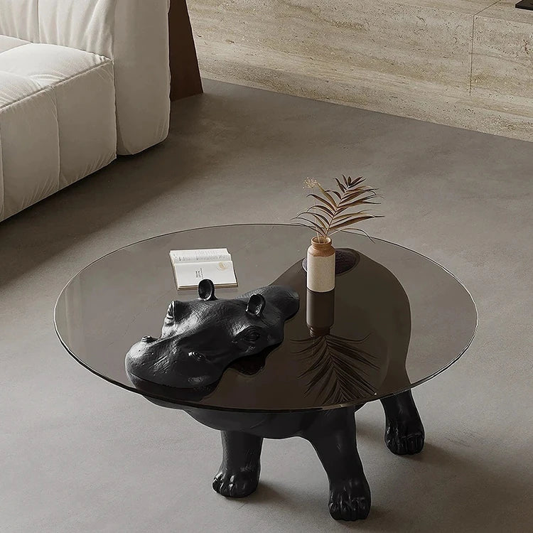 ユニークなデザインの強化ガラス製センターテーブル - ヒップポタマスモチーフでインテリアに個性をプラス! fjd-4712