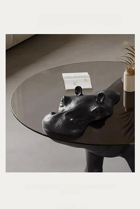 ユニークなデザインの強化ガラス製センターテーブル - ヒップポタマスモチーフでインテリアに個性をプラス! fjd-4712