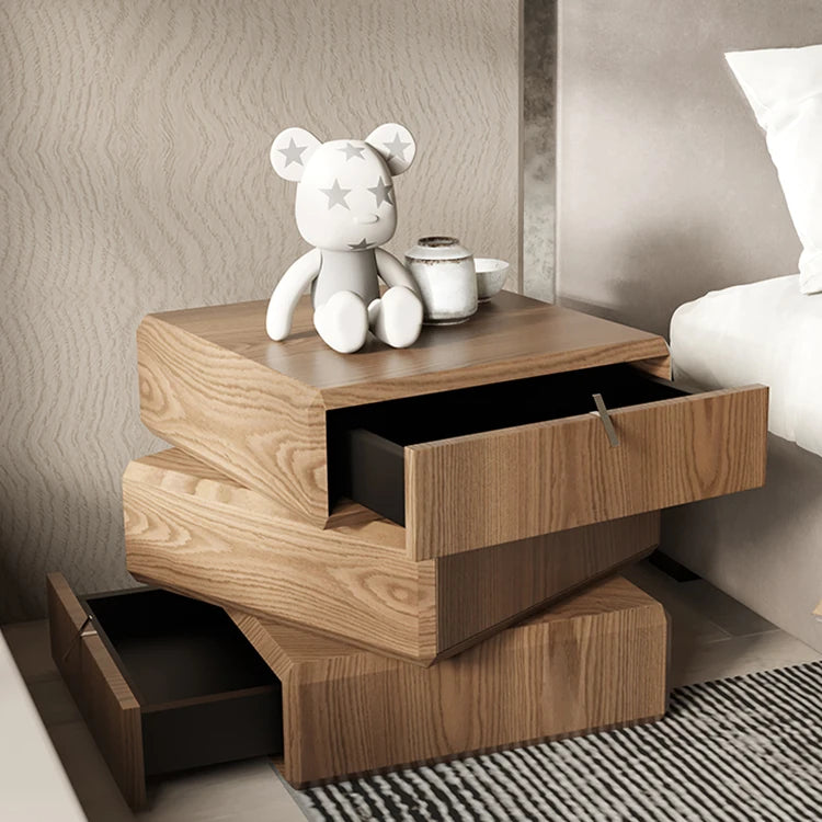スタイリッシュなウッドナイトテーブル - 抽象的デザインと収納力抜群のサイドテーブル fjd-4738