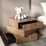 スタイリッシュなウッドナイトテーブル - 抽象的デザインと収納力抜群のサイドテーブル fjd-4738