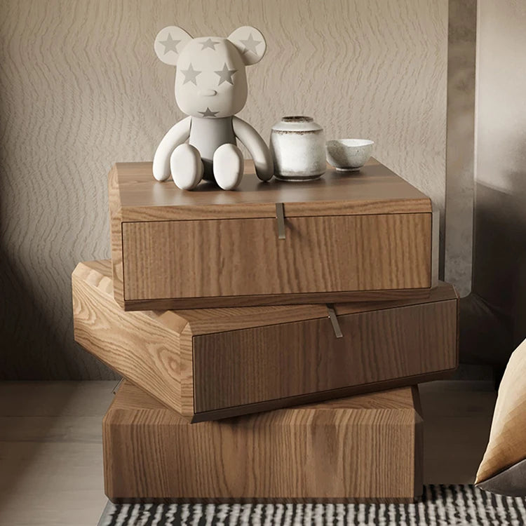 スタイリッシュなウッドナイトテーブル - 抽象的デザインと収納力抜群のサイドテーブル fjd-4738