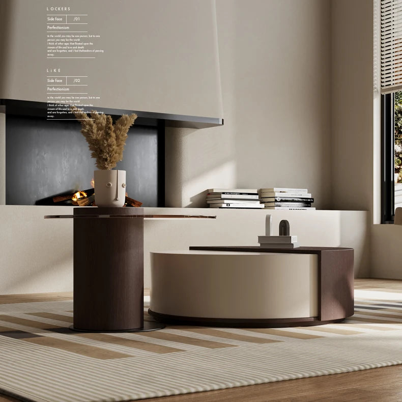 モダンリビングに最適!強化ガラスセンターテーブル ーブラウン木目デザイン fkb-4368