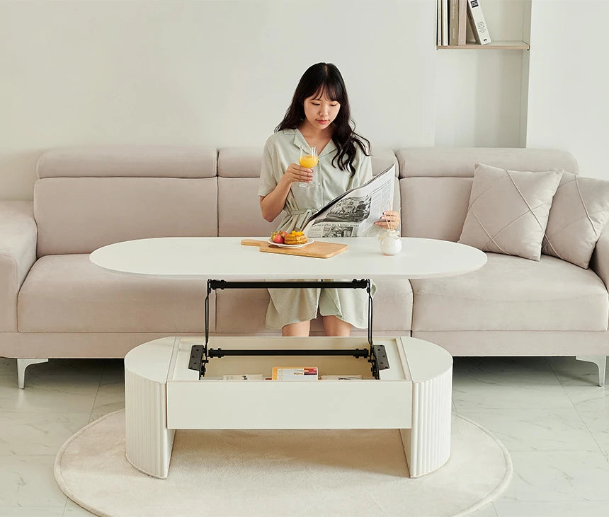 リフトアップセンターテーブル | おしゃれなホワイトデザイン | スペースを有効活用 | シンプルで多機能なリビング家具 fls-5331