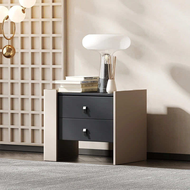 シンプルでスタイリッシュなオーク多層板ナイトテーブル - PUレザー引き出し付き、モダンなインテリアに最適! fmfd-5057