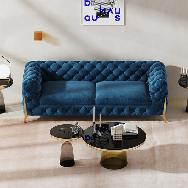 おしゃれなパインステンレス製ソファー|ラグジュアリーな深い青色・リビングルームに最適なデザイン fmfd-5060