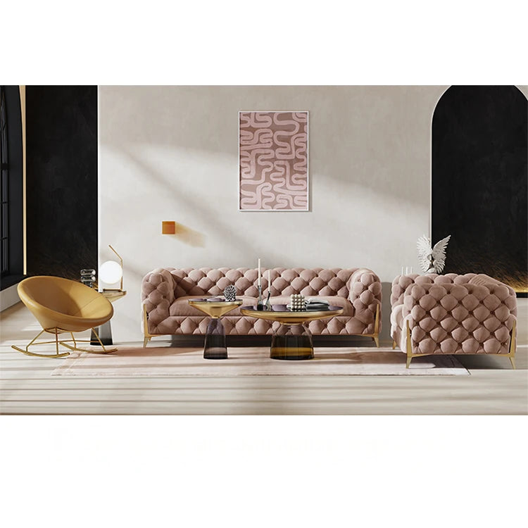 おしゃれなパインステンレス製ソファー|ラグジュアリーな深い青色・リビングルームに最適なデザイン fmfd-5060