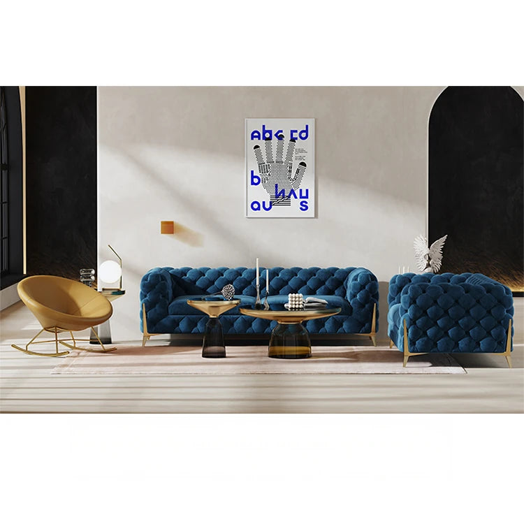 おしゃれなパインステンレス製ソファー|ラグジュアリーな深い青色・リビングルームに最適なデザイン fmfd-5060