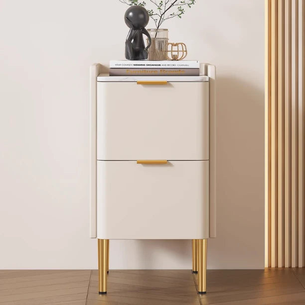 モダンナイトテーブル - パイン材セラミック天板 & PUレザー仕上げ、シンプルでスタイリッシュ、引き出し付き収納、ゴールド脚デザイン fmxjs-5341