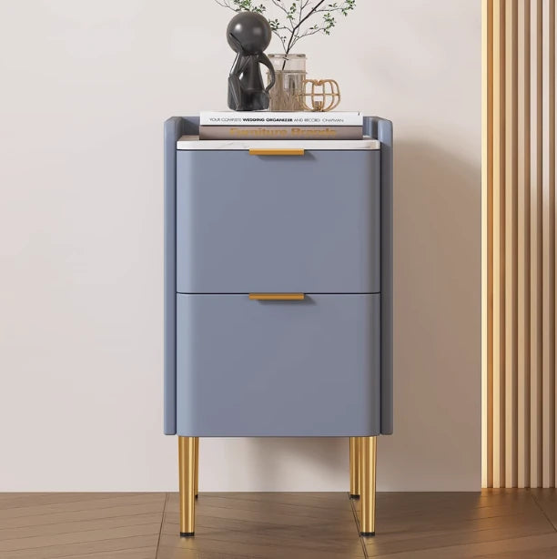 モダンナイトテーブル - パイン材セラミック天板 & PUレザー仕上げ、シンプルでスタイリッシュ、引き出し付き収納、ゴールド脚デザイン fmxjs-5341