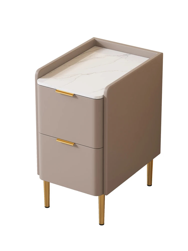 モダンナイトテーブル - パイン材セラミック天板 & PUレザー仕上げ、シンプルでスタイリッシュ、引き出し付き収納、ゴールド脚デザイン fmxjs-5341