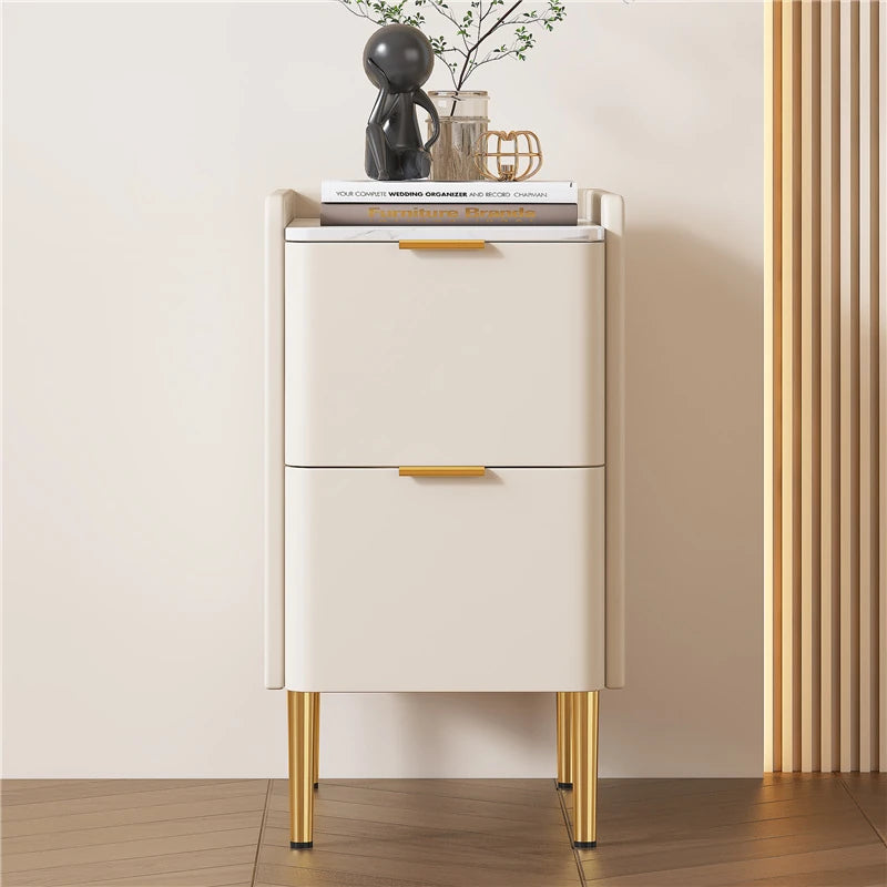 モダンナイトテーブル - パイン材セラミック天板 & PUレザー仕上げ、シンプルでスタイリッシュ、引き出し付き収納、ゴールド脚デザイン fmxjs-5341