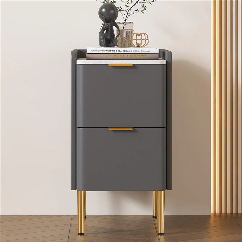 モダンナイトテーブル - パイン材セラミック天板 & PUレザー仕上げ、シンプルでスタイリッシュ、引き出し付き収納、ゴールド脚デザイン fmxjs-5341