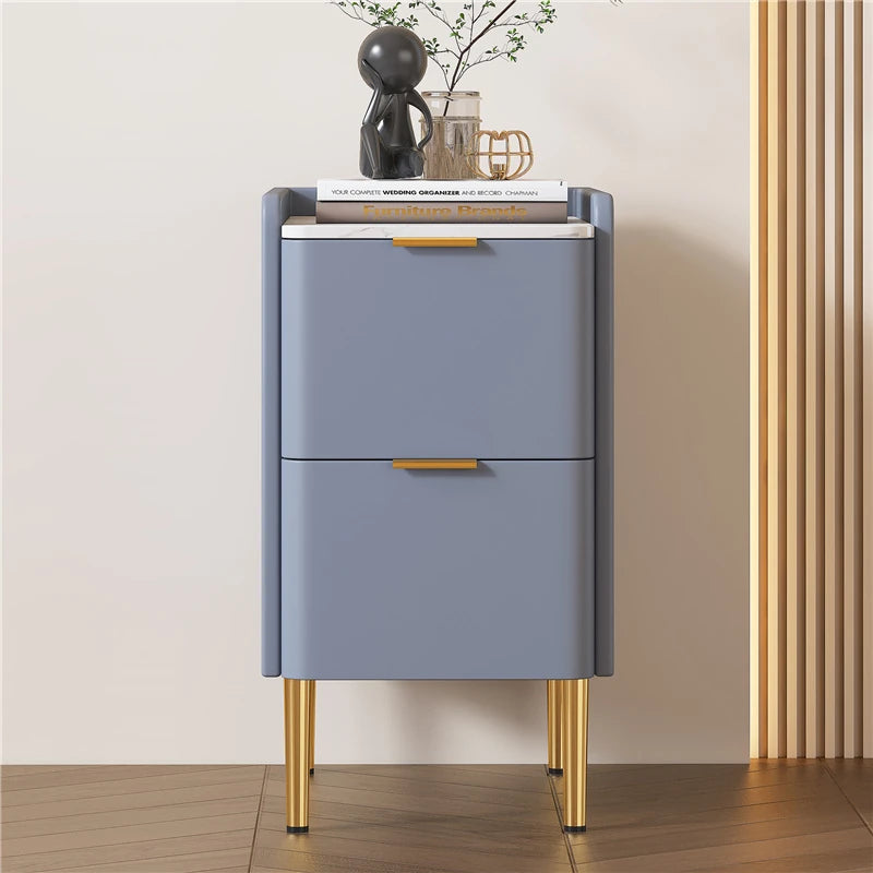 モダンナイトテーブル - パイン材セラミック天板 & PUレザー仕上げ、シンプルでスタイリッシュ、引き出し付き収納、ゴールド脚デザイン fmxjs-5341