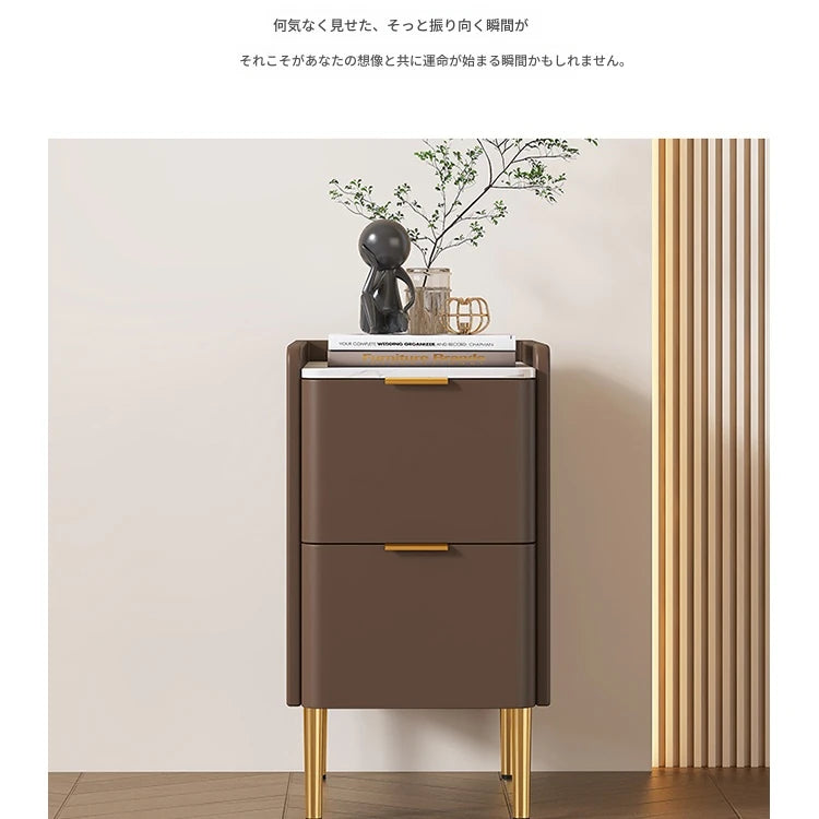 モダンナイトテーブル - パイン材セラミック天板 & PUレザー仕上げ、シンプルでスタイリッシュ、引き出し付き収納、ゴールド脚デザイン fmxjs-5341