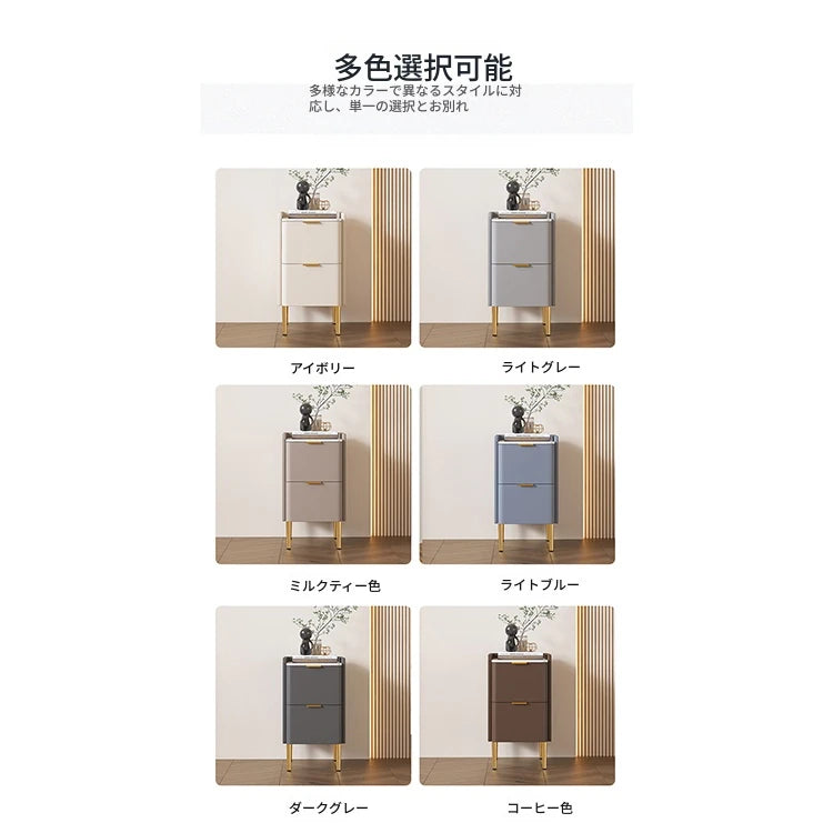 モダンナイトテーブル - パイン材セラミック天板 & PUレザー仕上げ、シンプルでスタイリッシュ、引き出し付き収納、ゴールド脚デザイン fmxjs-5341