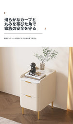 モダンナイトテーブル - パイン材セラミック天板 & PUレザー仕上げ、シンプルでスタイリッシュ、引き出し付き収納、ゴールド脚デザイン fmxjs-5341