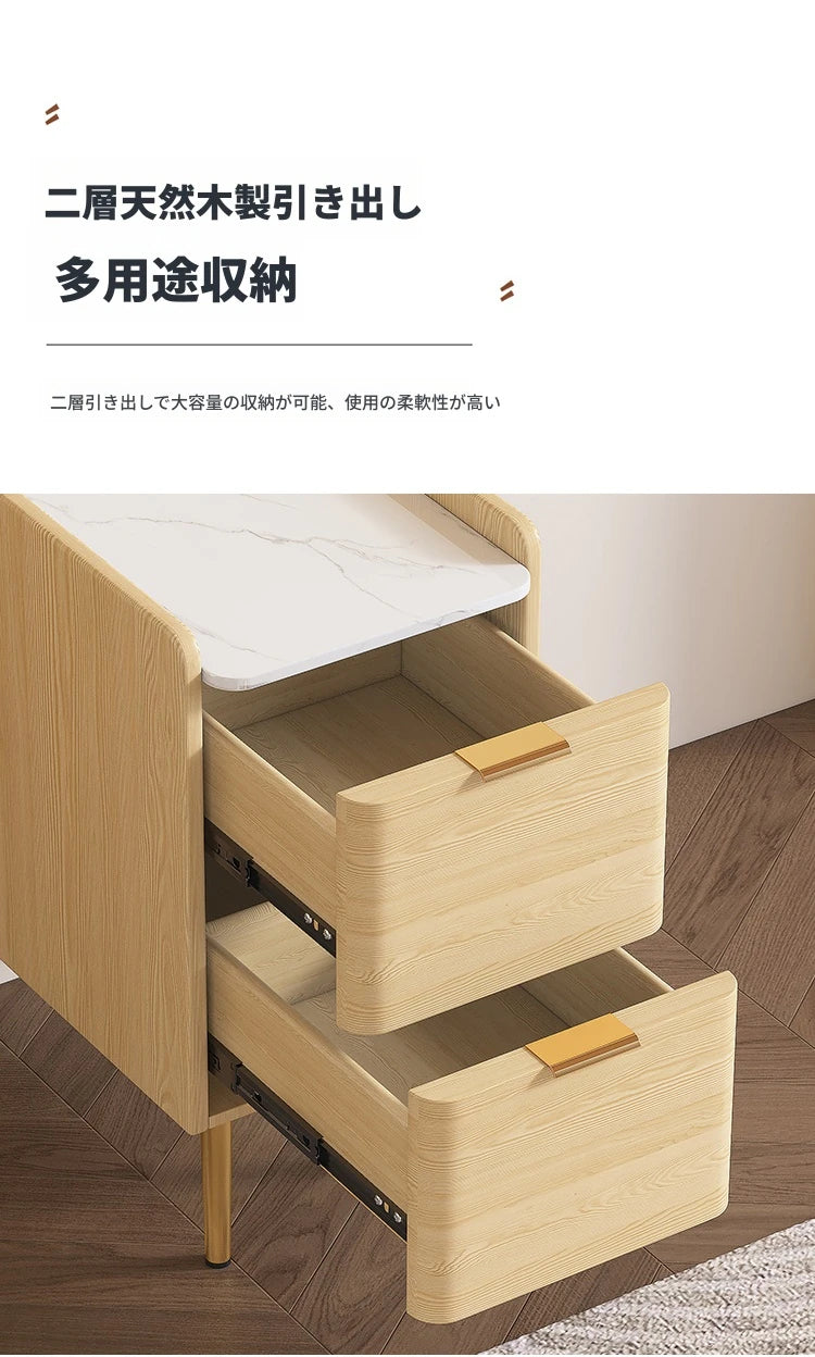 モダンナイトテーブル - パイン材セラミック天板 & PUレザー仕上げ、シンプルでスタイリッシュ、引き出し付き収納、ゴールド脚デザイン fmxjs-5341