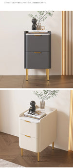 モダンナイトテーブル - パイン材セラミック天板 & PUレザー仕上げ、シンプルでスタイリッシュ、引き出し付き収納、ゴールド脚デザイン fmxjs-5341