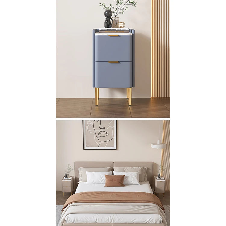 モダンナイトテーブル - パイン材セラミック天板 & PUレザー仕上げ、シンプルでスタイリッシュ、引き出し付き収納、ゴールド脚デザイン fmxjs-5341