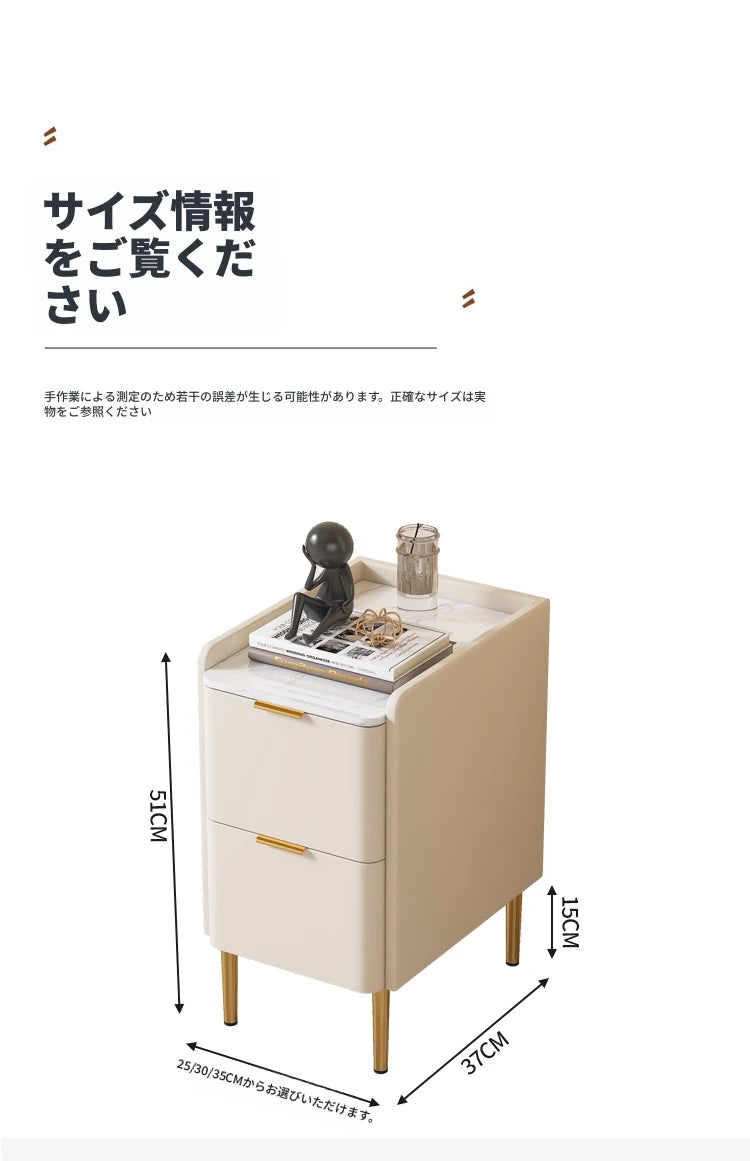 モダンナイトテーブル - パイン材セラミック天板 & PUレザー仕上げ、シンプルでスタイリッシュ、引き出し付き収納、ゴールド脚デザイン fmxjs-5341