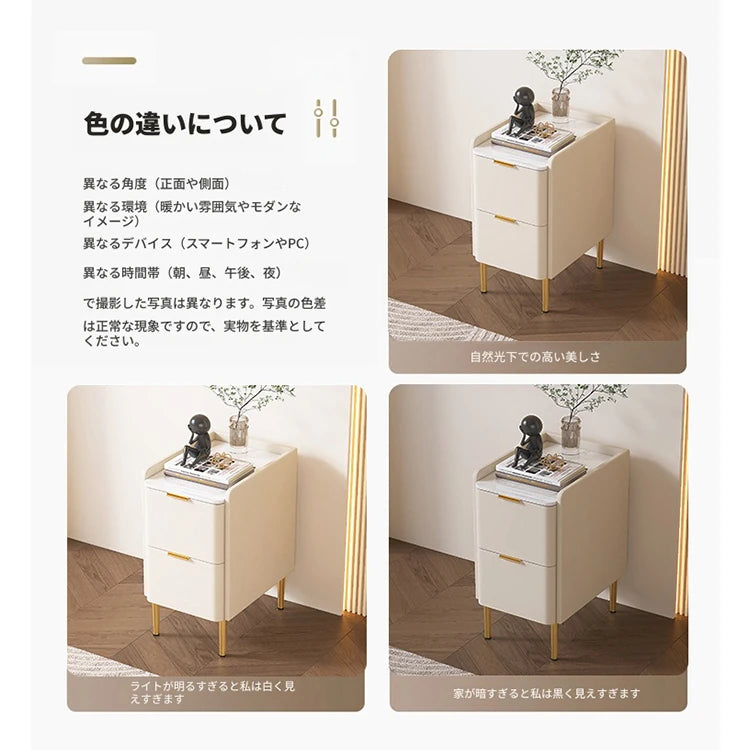モダンナイトテーブル - パイン材セラミック天板 & PUレザー仕上げ、シンプルでスタイリッシュ、引き出し付き収納、ゴールド脚デザイン fmxjs-5341