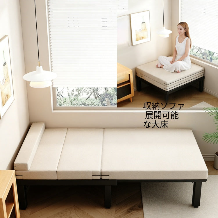1人用 ソファーベッド 折りたたみ・伸縮式 スライドタイプ|コットンリネン生地 メタルフレーム fnqe-0226-68