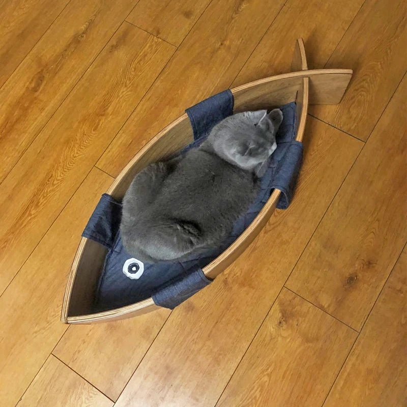 おしゃれな魚型ペットベッド|多層板&綿麻素材で快適な眠りを提供|ネコ・犬用ハンモックタイプ fqr-5122