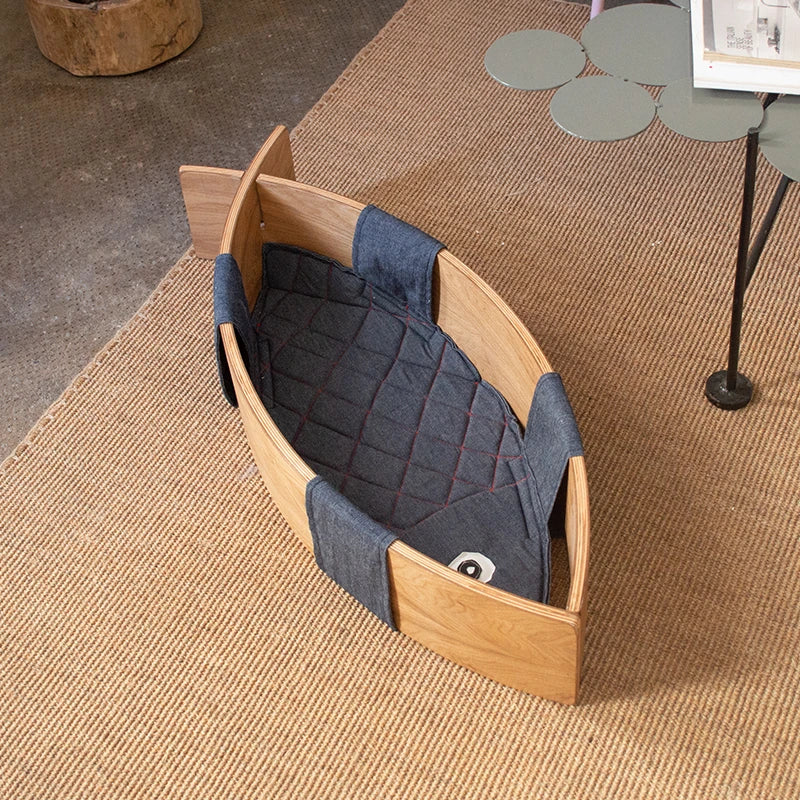 おしゃれな魚型ペットベッド|多層板&綿麻素材で快適な眠りを提供|ネコ・犬用ハンモックタイプ fqr-5122