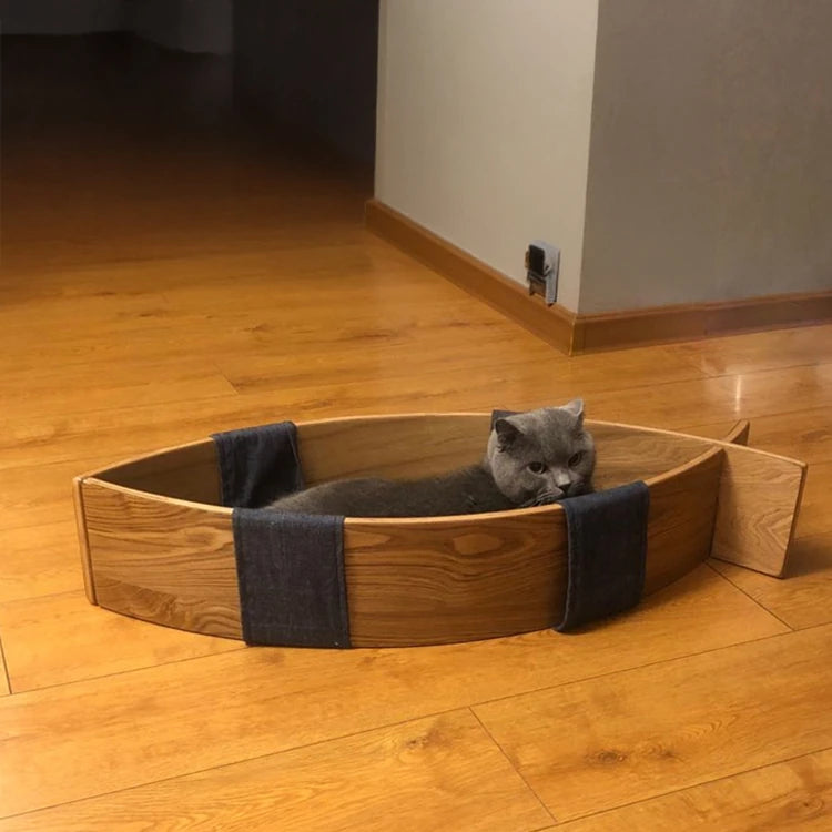 おしゃれな魚型ペットベッド|多層板&綿麻素材で快適な眠りを提供|ネコ・犬用ハンモックタイプ fqr-5122