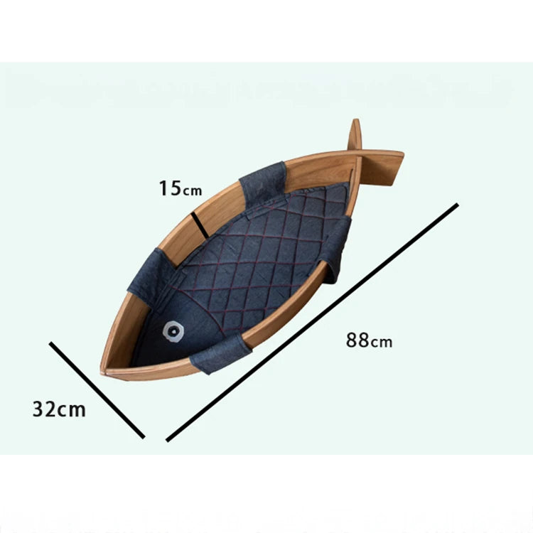 おしゃれな魚型ペットベッド|多層板&綿麻素材で快適な眠りを提供|ネコ・犬用ハンモックタイプ fqr-5122