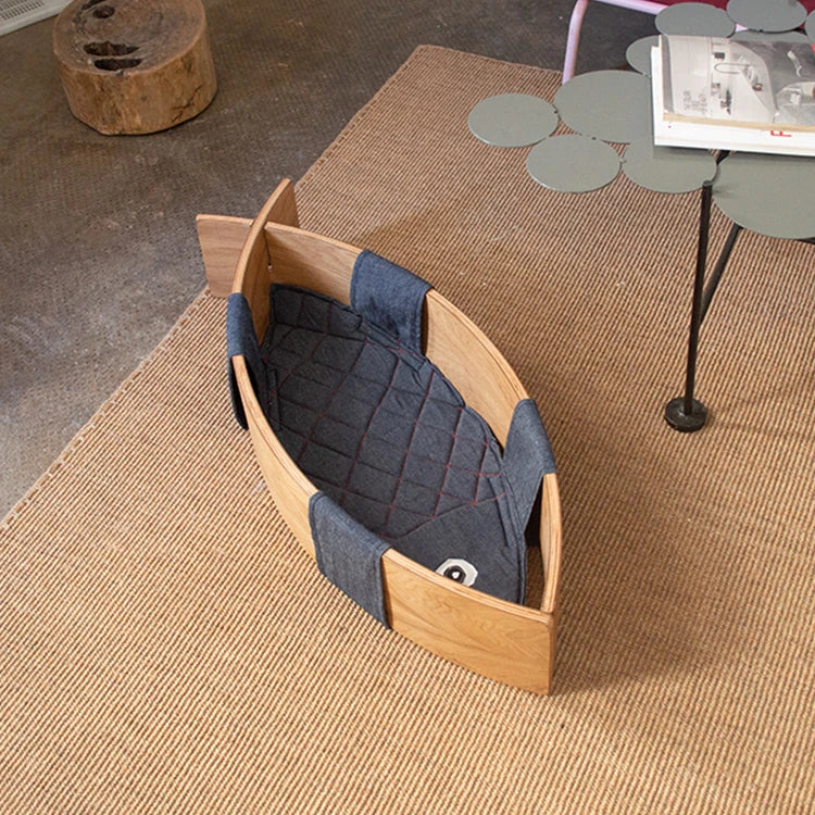 おしゃれな魚型ペットベッド|多層板&綿麻素材で快適な眠りを提供|ネコ・犬用ハンモックタイプ fqr-5122