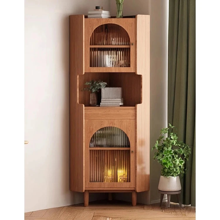 オーク材のスタイリッシュキャビネット|ガラス扉と銅パーツでおしゃれな収納空間を演出|シンプル&モダンデザイン fvp-4594