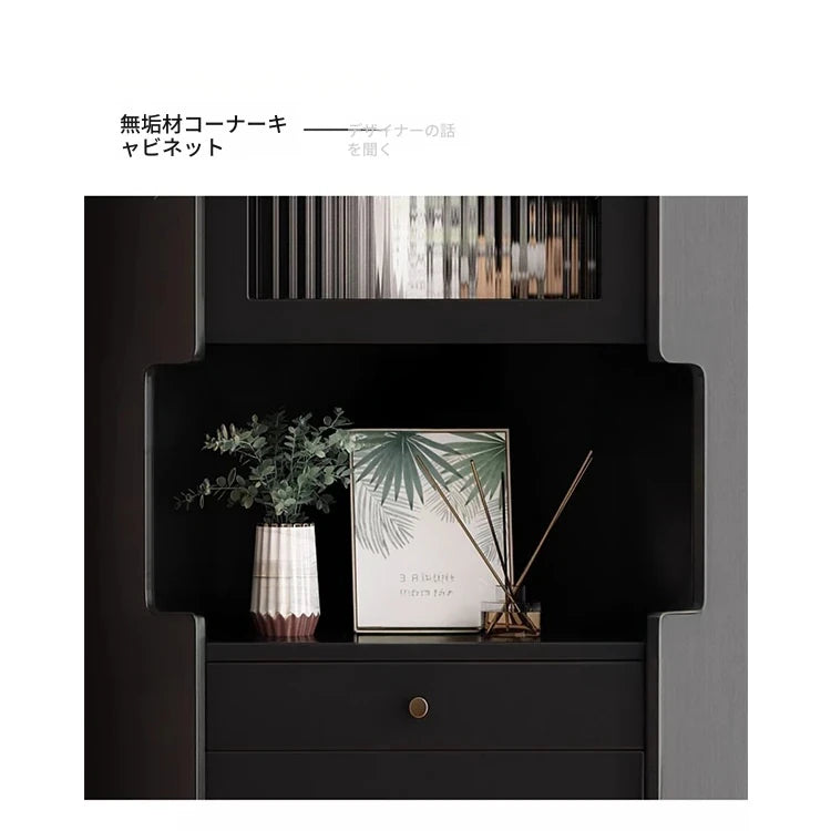 オーク材のスタイリッシュキャビネット|ガラス扉と銅パーツでおしゃれな収納空間を演出|シンプル&モダンデザイン fvp-4594