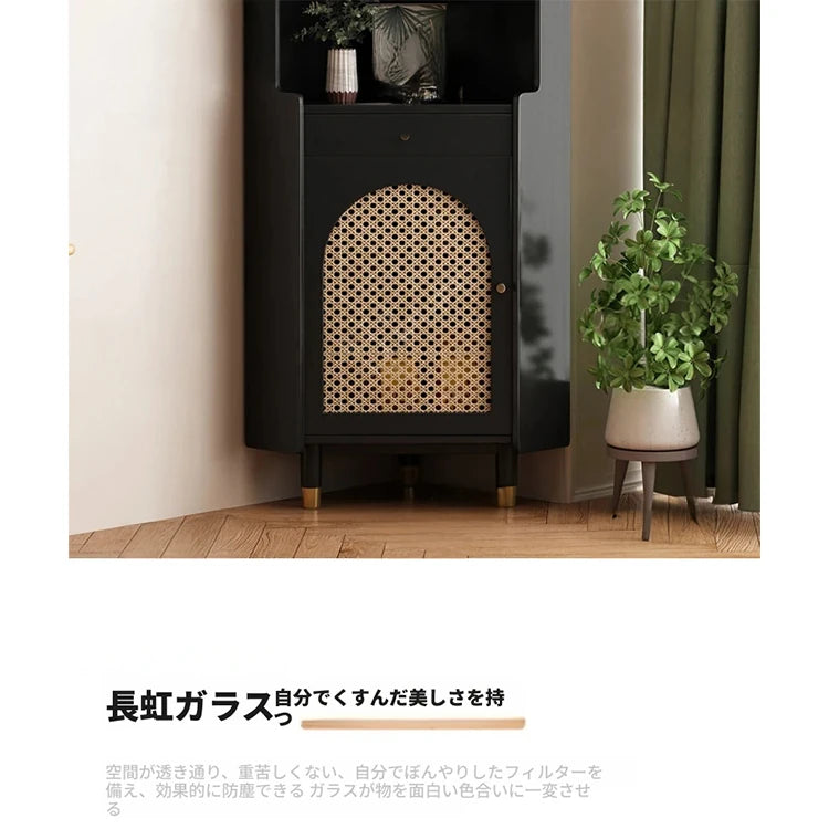 オーク材のスタイリッシュキャビネット|ガラス扉と銅パーツでおしゃれな収納空間を演出|シンプル&モダンデザイン fvp-4594