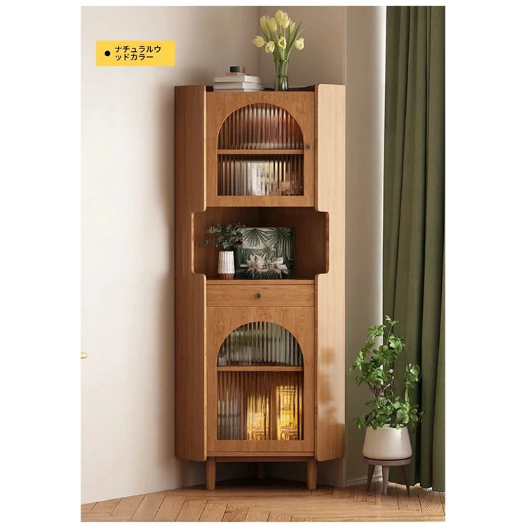 オーク材のスタイリッシュキャビネット|ガラス扉と銅パーツでおしゃれな収納空間を演出|シンプル&モダンデザイン fvp-4594