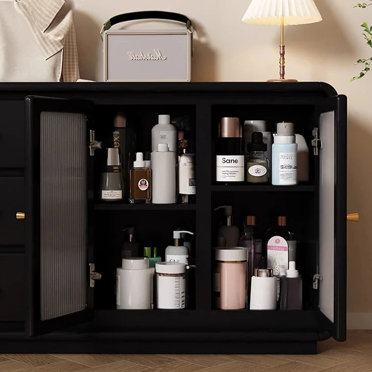 エレガントなガラス化粧台 | 収納力抜群!3つのキャビネット付き | モダンデザイン fvp-4597