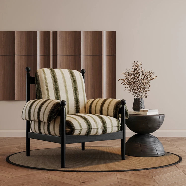 アッシュ材使用のストライプデザイン・シェニールチェア|ホワイトグースダウンクッション付き・リビングルーム用 fxmj-3053