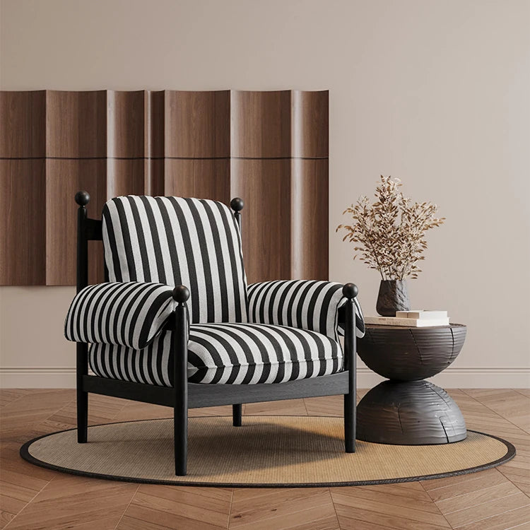 アッシュ材使用のストライプデザイン・シェニールチェア|ホワイトグースダウンクッション付き・リビングルーム用 fxmj-3053